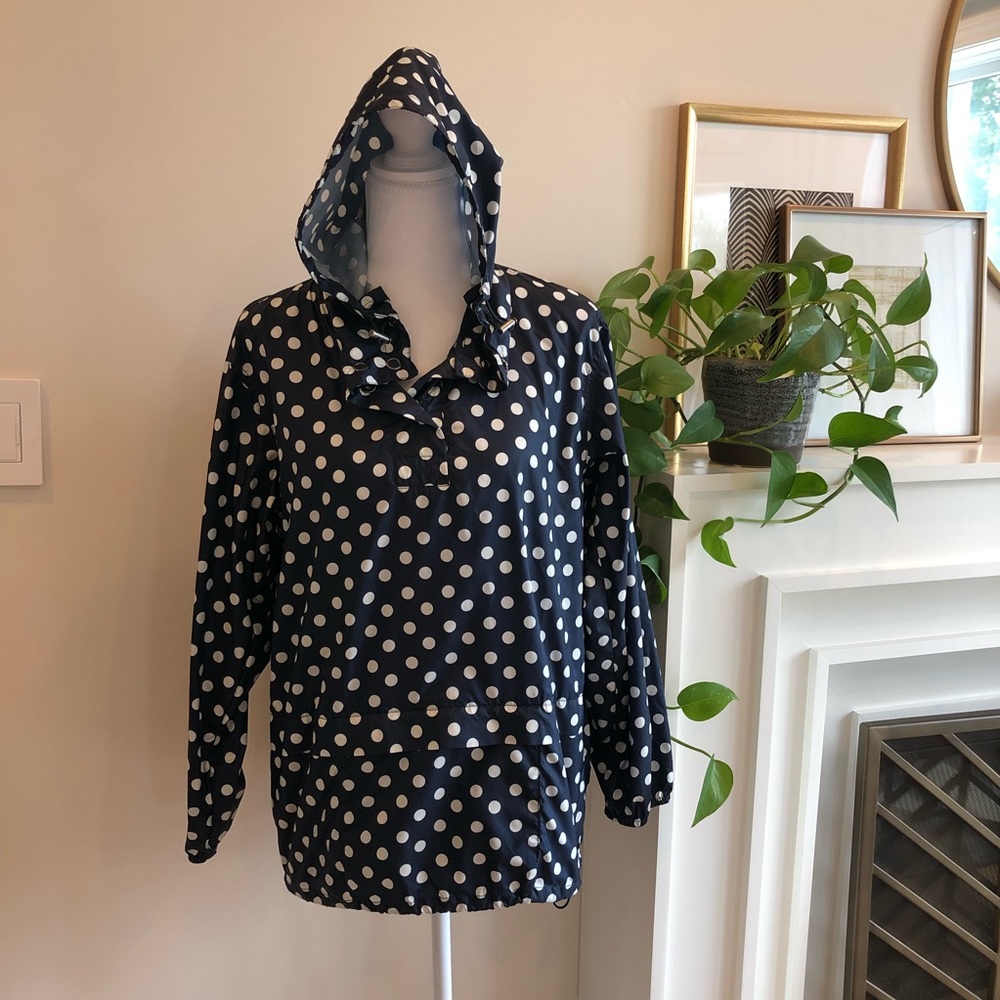 J. Crew Factory Navy & White Polka Dot Hooded Pullover Folds Into Pouch - XS